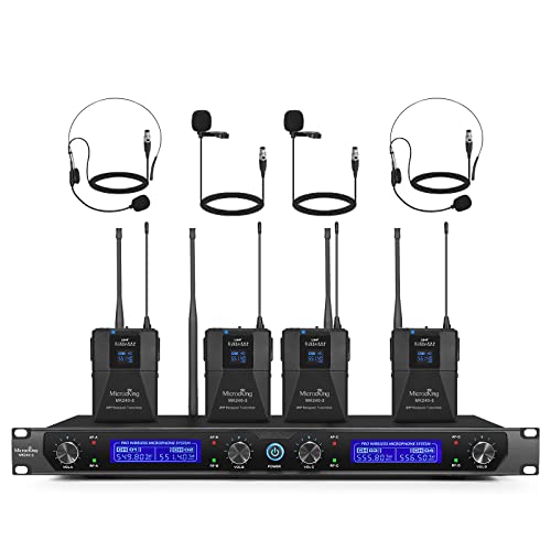 MicrocKing Wireless Microphone System 4 Bodypacks for Church Stage Class | UHF fixed, 400ft, 4 bodypacks (lav/head/lapel) for concert/class/church - style: 4 Bodypack mics