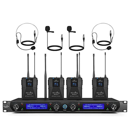 MicrocKing Wireless Microphone System 4 Bodypacks for Church Stage Class | UHF fixed, 400ft, 4 bodypacks (lav/head/lapel) for concert/class/church - style: 4 Bodypack mics