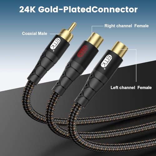EMK RCA Splitter Cable 1 Male to 2 Female Y Adapter with Copper Shell & 24K Gold-Plated Connector RCA Male to Dual RCA Female Extension Cord Black/1ft/0.3m - size: 1ft/0.3m, style: Black*1Male to 2Female