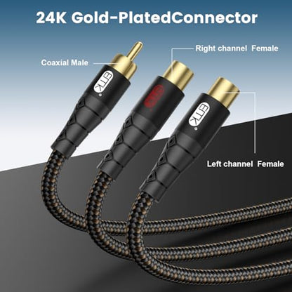 EMK RCA Splitter Cable 1 Male to 2 Female Y Adapter with Copper Shell & 24K Gold-Plated Connector RCA Male to Dual RCA Female Extension Cord Black/1ft/0.3m - size: 1ft/0.3m, style: Black*1Male to 2Female