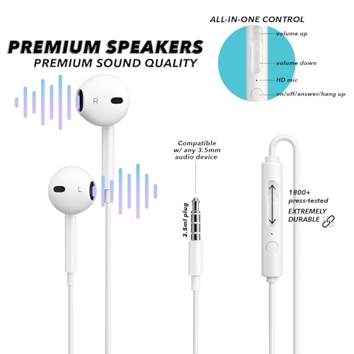 Wired Earbuds with Microphone, 3.5mm in‑Ear Headphones with Inline Volume Control, Plug‑in Earphones for Laptops, Tablets, and Phones – White - size: Pack of 1