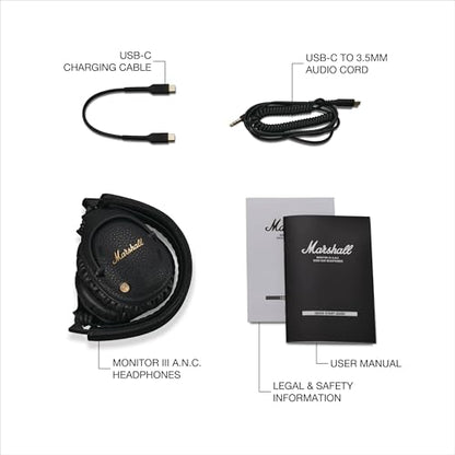 Marshall Monitor III A.N.C. Wireless Over-Ear Bluetooth Headphones - Active Noise Cancellation | 100+ Hr Playtime | Microphone for Calls | Lightweight, Foldable Design for Travel - Black - color: Black