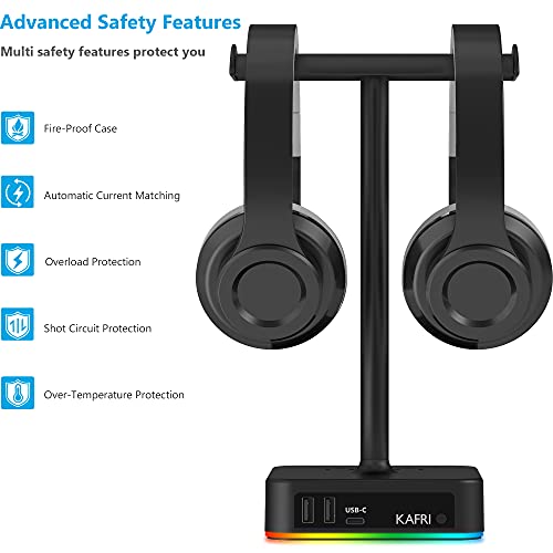 KAFRI RGB Dual Headphone Stand with USB C Charger Desk Gaming Double Headset Holder Hanger Rack with 3 USB Charging Port and 2 Outlet - Suitable for Gamer Desktop Table Game Earphone Accessories Gift - color: B-DUAL STAND