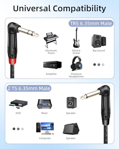 1/4" TRS to Dual TS Mono Insert Y Splitter Cable, Right Angle 0.5m - style: 90 6.35 TRS to 90 Dual 6.35 TS(1.64FT/0.5M)