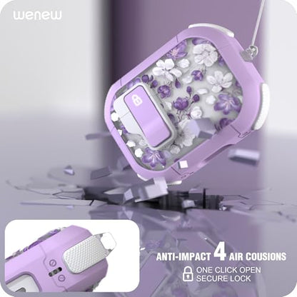 WENEW for AirPods Pro 3 Case (2025) Cover Secure Lock Automatic Snap Switch Clip Cleaner Kit Lanyard Women Stylish Flower Hard Shell Full Body Front LED Visible (Purple Flower, AirPods Pro 3) - color: Purple flower, size: AirPods Pro 3