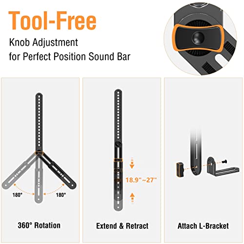 ELIVED Soundbar Mount Under or Above TV, Tool-Free Height Adjustable | Universal Sound Bar TV Bracket, with Detachable Long Extension Plates and L-Brackets, Holds Up to 15 lbs
