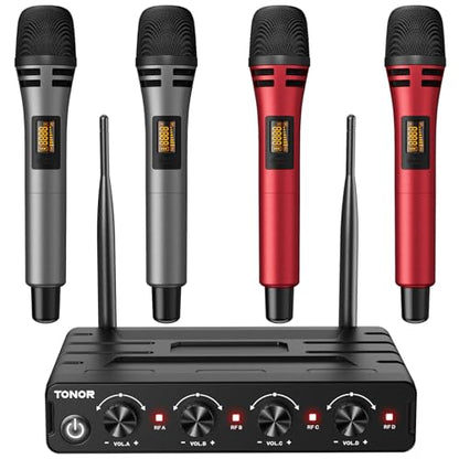 TONOR Wireless Microphones System, Handheld Microfono Inalambrico, Red | 4x10 Channels Cordless Mics, 60 m/200FT UHF Range with Stable Signal Transmission for Karaoke Singing Party Church Wedding - style: 4 Handheld Mics Grey&Red