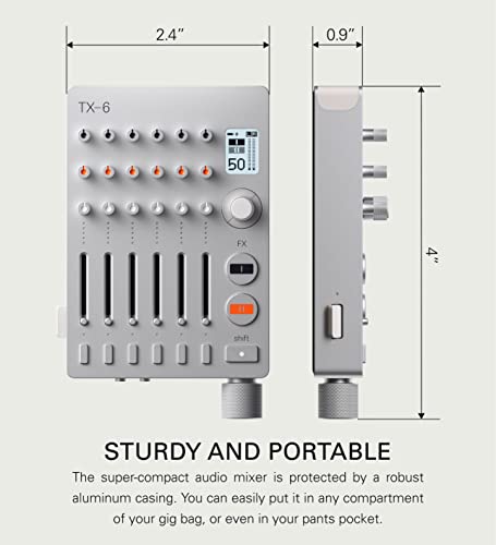 teenage engineering TX–6 portable and rechargeable 6 stereo channel mixer, usb audio interface and sound card, 8 hour battery life, built-in effects, ble and usb midi, iOS compatible