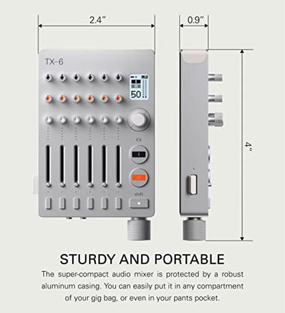 teenage engineering TX–6 portable and rechargeable 6 stereo channel mixer, usb audio interface and sound card, 8 hour battery life, built-in effects, ble and usb midi, iOS compatible