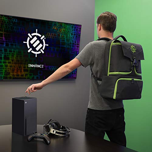 ENHANCE Console Gaming Backpack Compatible with Xbox Series X , Series S - Series X Carrying Case with Compartments for Controllers, Games & Accessories - Headset Storage , Zippered Pockets