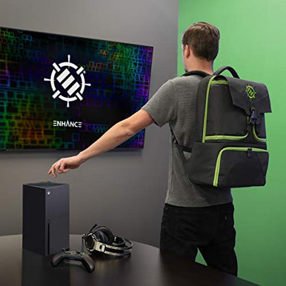 ENHANCE Console Gaming Backpack Compatible with Xbox Series X , Series S - Series X Carrying Case with Compartments for Controllers, Games & Accessories - Headset Storage , Zippered Pockets