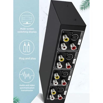 4 Way Av Switcher RCA Selector, 4x1 Composite Video & S-Video Switch Box with Stereo, Manual Push Button Source Selector for Tv DVD Stb Gaming Console,6.41"x3.42"x1.53"