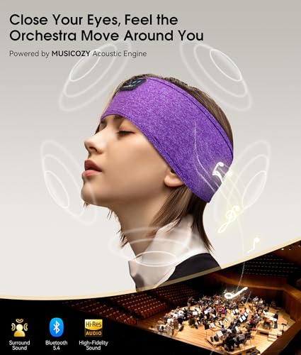 MUSICOZY Bluetooth 5.4 Sleep Headphones Headband Sports Wireless Audio | Earbuds 2 in 1 Design with Breathable Stretch Fabric, HD Stereo Sound Speakers for Workout Yoga Running, Nighttime Sleep Use - color: Amethyst