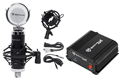 Rockville RCM03 Cardioid Condenser Mic with PSP5 Phantom Power Supply | 30Hz-20kHz, Cardioid, Metal Shock Mount, PSP5 48V Supply for 4 Condenser Mics, 2 Included 10-Ft Cables, 2-Items