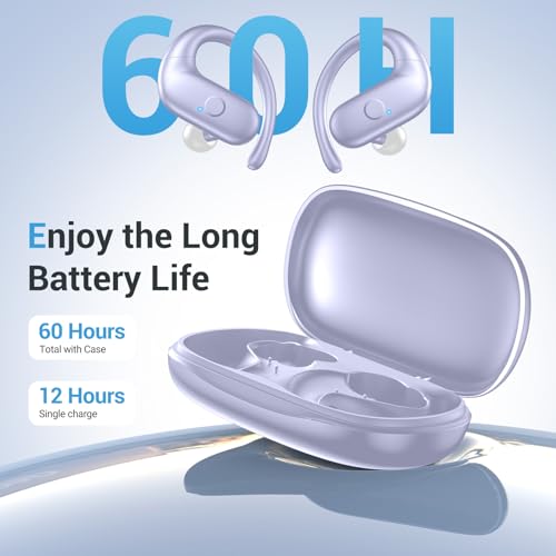 Sport Wireless Earbuds,60Hrs BT5.4 ENC IPX7 Waterproof Earhooks Deep Bass | 14.2mm drivers deliver rich stereo sound. Soft silicone ensures a secure, painless fit for long workouts. - color: Purple