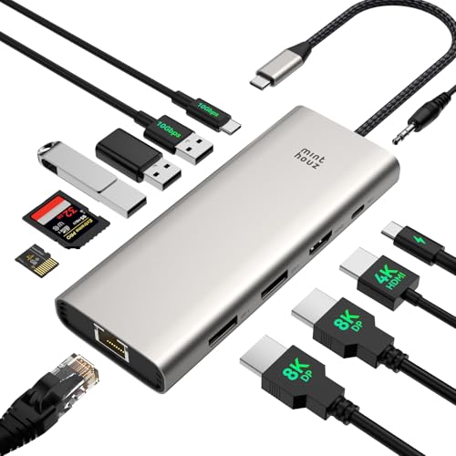Minthouz Laptop Docking Station 3 Monitors Quad Display USB C Hub | Dongle to 4K HDMI+DP,2 USB2.0,100W PD,2.5G Ethernet,12 in 1Dock for Lenovo,Dell,HP,USB C Docking Station Dual Monitor Adapter