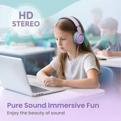 Acer USB‑C Kids Headphones for School, 85‑94dB Limiter, w/Mic HK03C | Foldable Wired Over Ear Headphones, for Toddler School/Travel/iPad/Tablet, Purple‑Green - color: USB-C Green-Purple