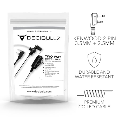 Decibullz 2-Way Surveillance Acoustic Tube Headset, K1 Earpiece Audio Set Compatible with Kenwood K-Plug & Baofeng, Inline PTT Mic, Clear Coil, K-Type 2-Pin (3.5mm & 2.5mm) Jack - style: K1 2-Way Headset