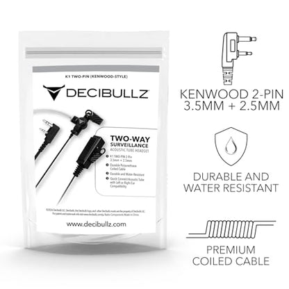 Decibullz 2-Way Surveillance Acoustic Tube Headset, K1 Earpiece Audio Set Compatible with Kenwood K-Plug & Baofeng, Inline PTT Mic, Clear Coil, K-Type 2-Pin (3.5mm & 2.5mm) Jack - style: K1 2-Way Headset