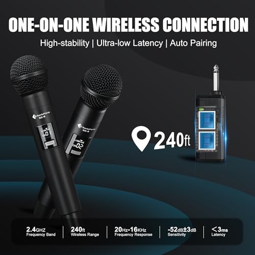 Wireless Karaoke Microphones, Singing Microphone for Speaker | Dual Handheld Mics with Receiver, 240ft Wireless Range, Plug-and-Play, 8hr Battery Life, USB Recharge - color: Black