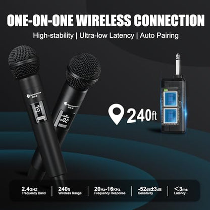 Wireless Karaoke Microphones, Singing Microphone for Speaker | Dual Handheld Mics with Receiver, 240ft Wireless Range, Plug-and-Play, 8hr Battery Life, USB Recharge - color: Black