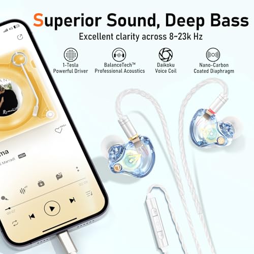 Audiovance Vibes 202ML HiFi 유선 이어버드, 아이폰 14/13/12/11/X, 프로 맥스용 | 마이크가 있는 인이어 헤드폰, 선명한 사운드, 딥 베이스, 소음 차단 이어버드, 실버 도금 코드, 편안한 핏, 케이스 - color: 8-라이트 블루