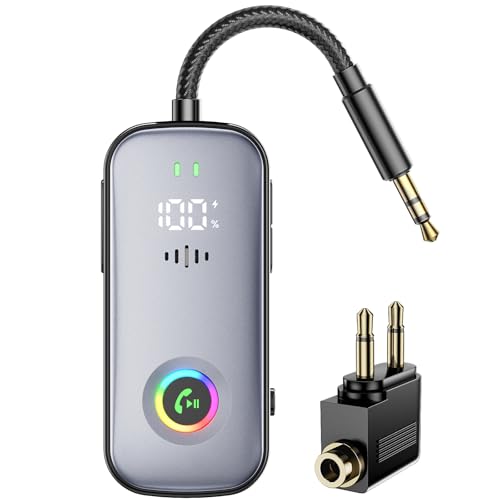 Bluetooth Transmitter Receiver,Supports 2 AirPod/Headphone,HD Battery Level Display,Low Latency, 3.5mm Audio Interface Bluetooth Audio Adapter,for Airplane,TV,Car,Gyms,Home Audio Stereo Systems
