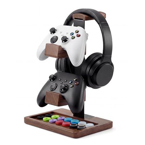 2-in-1 Solid Wood Headset Stand with Dual Game Controller Holder | Gaming Headphone Stand with Storage Base, 6 Joystick Sponge Rings and 8 Thumb Grips Gaming Equipment Accessories for Desk