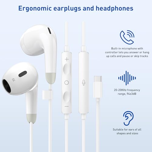 USB C Headphones, 2 Pack Wired Earbuds, Type C Headphones with Microphone | Noise-isolating earphones with remote controls, compatible with iPhone 17/16/15, iPad Pro/Air and Galaxy S25/S24/S23 Ultra