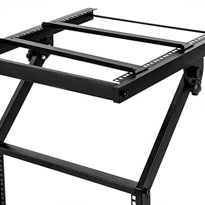 DJ Table Stand, 12U DJ Booth, Adjustable 41.8-50.1in 2-Layer Iron DJ Stand with Lockable Wheels for Mixers & Amplifiers