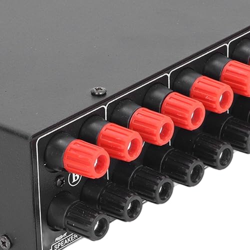 Passive Selector Switch 4 Amplifier in 2 Speaker Out Audio Selector Box, Manual Button Switch for Stereo System, 300W per Channel, Aluminum Alloy Housing with Banana Plug