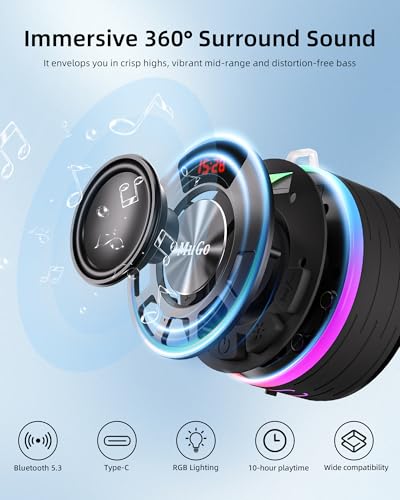 MuGo Shower Bluetooth Speaker Waterproof IPX7, 360° HD Stereo Sound Bathroom Speaker Bluetooth 5.3 with RGB Lights, Suction Cup and Microphone, Mini Shower Radio for Home/Party/Outdoor - color: Blue