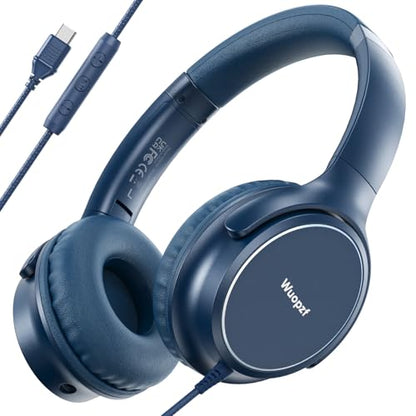 USB C Wired Over-Ear Headphones with Microphone | Volume Control, Share Port, Adjustable Headband Foldable Stereo Headset for Adult/Teens for iPhone 16, Laptop, Gaming, Travel - color: Blue