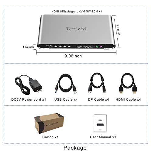 4 Computers 2 Monitors Automatic KVM Switch, HDMI 4k@60Hz + DP 8K 30Hz 4K@144Hz, Aluminum Alloy Shell, Digital Display, Audio/Microphone, hotkey, HDR10 with Cables - style: 4 Computers 2 Monitors (HDMI + DP) USB 3.0