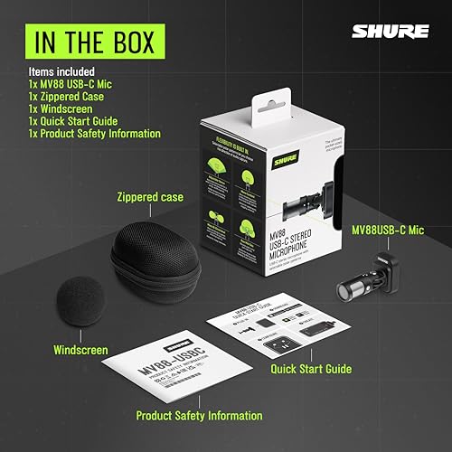Shure MV88 USB-C Microphone for Mobile Recording - Black | Portable USB-C mic for vlogging with auto level mode, real-time denoiser and four selectable polar patterns