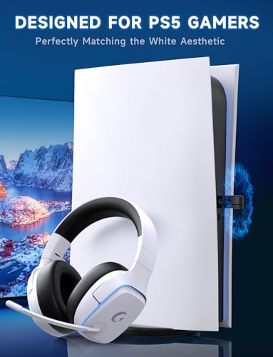 Gvyugke 2.4GHz Wireless Gaming Headsets for PS5, PS4, PC, Switch, White | Bluetooth 5.3 Gaming Headphones with Noise Canceling Mic, 7.1 Surround Sound, 70H Battery, Blue Lighting - color: White