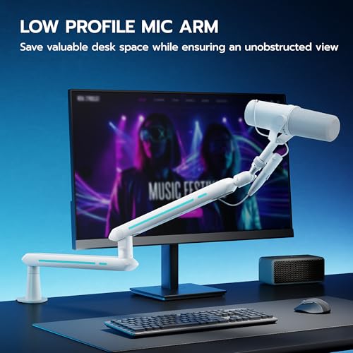 ARES WING Aluminum Low Profile Mic Arm with 4.4 lbs Load Capacity, White | Adjustable Microphone Boom Arm with 3/8” to 5/8” Screw Adapter, Desk Mount Mic Stand for Gaming Streaming Podcasting - color: White