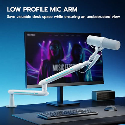 ARES WING Aluminum Low Profile Mic Arm with 4.4 lbs Load Capacity, White | Adjustable Microphone Boom Arm with 3/8” to 5/8” Screw Adapter, Desk Mount Mic Stand for Gaming Streaming Podcasting - color: White