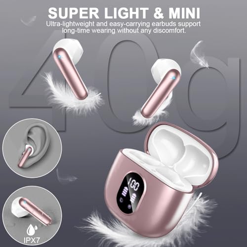 Wireless Earbuds, Bluetooth 5.4 Headphones 50H Playback Bass Stereo Ear Buds with 4 ENC Cancelling Mics, in-Ear Earphones with LED Display, IP7 Waterproof USB-C for Laptop Pad Phones Workout Rose Gold - color: Rose Gold
