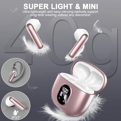 Wireless Earbuds, Bluetooth 5.4 Headphones 50H Playback Bass Stereo Ear Buds with 4 ENC Cancelling Mics, in-Ear Earphones with LED Display, IP7 Waterproof USB-C for Laptop Pad Phones Workout Rose Gold - color: Rose Gold