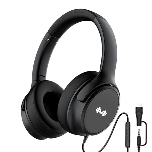 Wired Over-Ear Headphones, Mic, 3.5mm, USB-C Adapter, Black | Over-ear comfort with inline mic, volume control, 3.5mm jack, and USB-C adapter for phones, laptops, PCs, and tablets. - color: Black