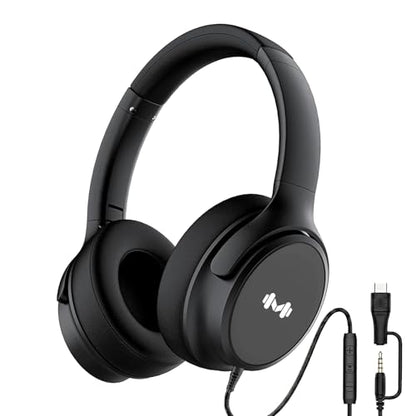 Wired Over-Ear Headphones, Mic, 3.5mm, USB-C Adapter, Black | Over-ear comfort with inline mic, volume control, 3.5mm jack, and USB-C adapter for phones, laptops, PCs, and tablets. - color: Black