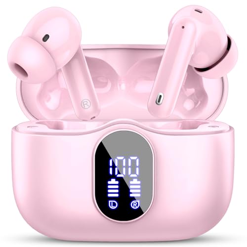 Wireless Earbuds, Bluetooth 5.4 Headphones Bass Stereo/Clear Calls, Pink | Ear Buds with Noise Cancelling Mic LED Display in Ear Earphones IP7 Waterproof 36H Bluetooth Earbuds for Phones/Sport/Laptop - color: Pink