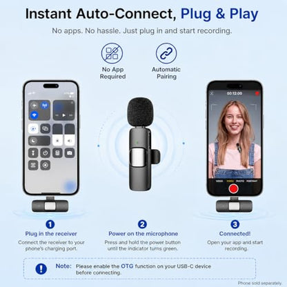 Sahara - Dual Wireless Lavalier Microphone Set, 2 Clip-On Mics, Noise Reduction, Plug & Play Auto Pairing, USB-C Receiver, Lightning & USB-A Adapters for Recording & Streaming