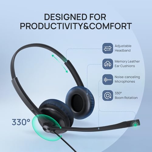 Yealink Phone Headsets for Office Phones YHS34 QD to RJ9 Wired Headset | Leather ear pads,Compatible with Poly Snom Phones Desk Landline Headset with Microphone -Dual/129g/2.1m Cable - color: leather Ear Cushions, size: Dual