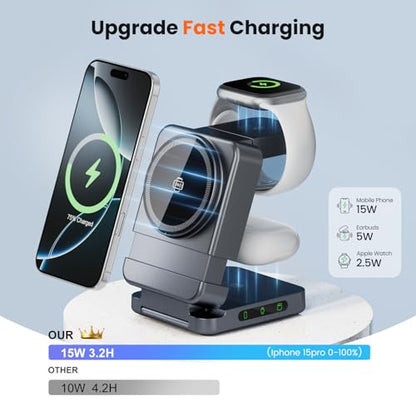 Wireless Charger 3 in 1, Foldable Charging Station for Apple Samsung Multi Devices Charging, Magnetic Charging Stand, Portable Travel Fast 15W Charger Station for iPhone, TWS, iWatch (Dark Gray) - color: dark grey