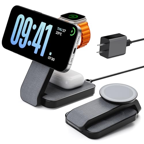 Eazpower 3 in 1 Foldable Wireless Charging Station for MagSafe, Nightstand Magnetic Charger Stand for iPhone 17 16 15 14 Pro Max, Travel Charging Dock with Night Light for Apple Watch/AirPods (Black) - color: Black