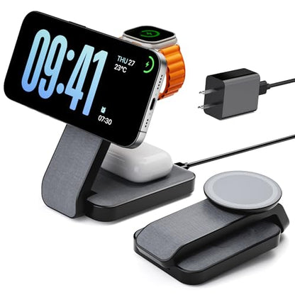 Eazpower 3 in 1 Foldable Wireless Charging Station for MagSafe, Nightstand Magnetic Charger Stand for iPhone 17 16 15 14 Pro Max, Travel Charging Dock with Night Light for Apple Watch/AirPods (Black) - color: Black