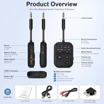 Bluetooth 6.0 Audio Transmitter Receiver, Airplane Bluetooth Adapter for TV | Dual Link for 2 Headphones, Qualcomm aptX LL, HD, 3.5mm AUX Audio Transmitter for Flight Trave, Gym, Low Latency, Black - color: Black