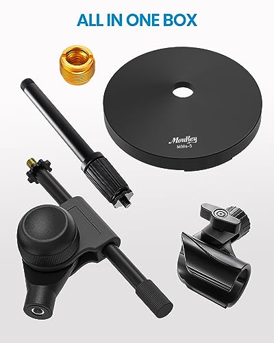 Moukey Mic Stand Desk Adjustable Tabletop Microphone Stand with Non-Slip Mic Clip, Short Table Mic Stand with Gear Fixing, Boom Arm, 3/8" and 5/8" Adapter, MMs-5